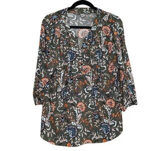 BY DESIGN Green Patterned V-Neck Blouse Size XL